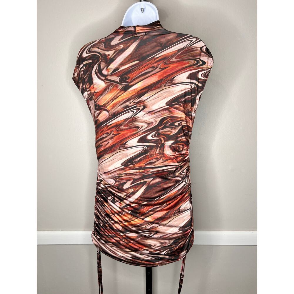 ☀️PrettyLittleThing Brown Print Slinky Sleeveless Ruched Bodycon Mini Dress - Picture 6 of 8